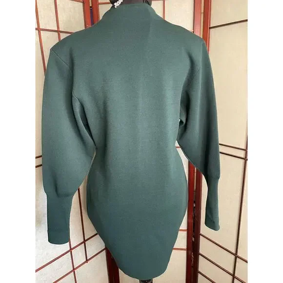 Express Dark Green Mock Neck Balloon Sleeve Knit Mini Sweater Dress Size Medium - Picture 8 of 9